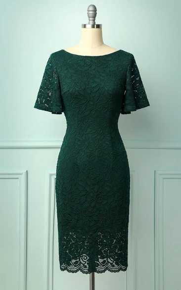 Dark Green Butterfly Sleeves Pencil Lace Short Length Mother of the Bride Dress