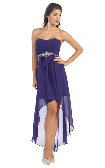 A-Line High-Low Strapless Chiffon Corset Back Dress With Ruching And Waist Jewellery