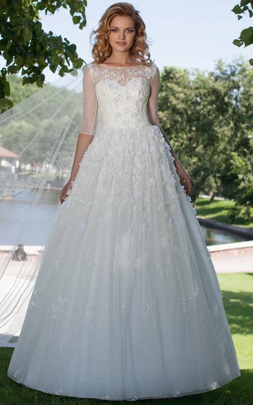 A-line Bateau Half Sleeve Floor-length Tulle Wedding Dress with Illusion and Appliques