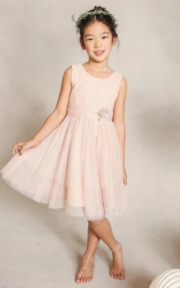 Short-Midi Bow Pleats Scoop-Neckline A-Line Tulle Flower Girl Dress