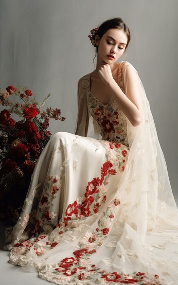 V-neck Sheath Chiffon Red and White Wedding Dress with Watteau Train