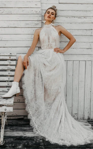 High-neck Sleeveless Illusion Tulle Lace Sheath Empire Wedding Dress