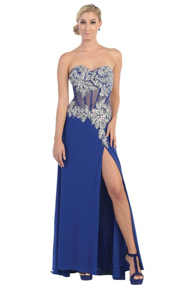 Sweetheart Jersey Split Front Prom Dress  With Beading And Illusion