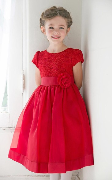 Jewel-Neck Short Sleeve Knee-length Flower Girl Dress With Lace