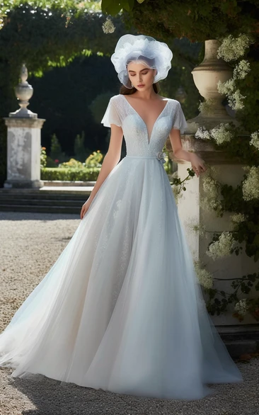 V-neck Short-sleeve Empire A-line Tulle Lace Fairytale Wedding Dress