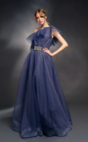 Asymmetrical Tired Empire A-line Floor-length Dress with Beaded Waist
