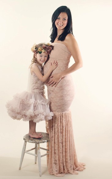 Mermaid Strapless Pleated Sleeveless Floor-length Lace Maternity Dress