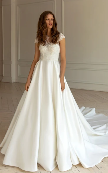 Romantic A Line Sweetheart Lace Floor-length Short Sleeve Wedding Dress with Appliques