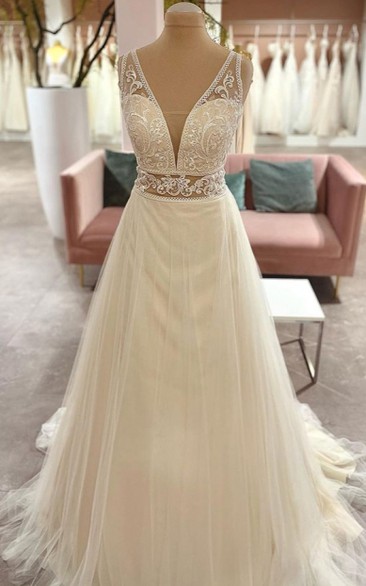 Simple A Line Plunging Neckline Brush Train Sleeveless Tulle Wedding Dress with Ruching