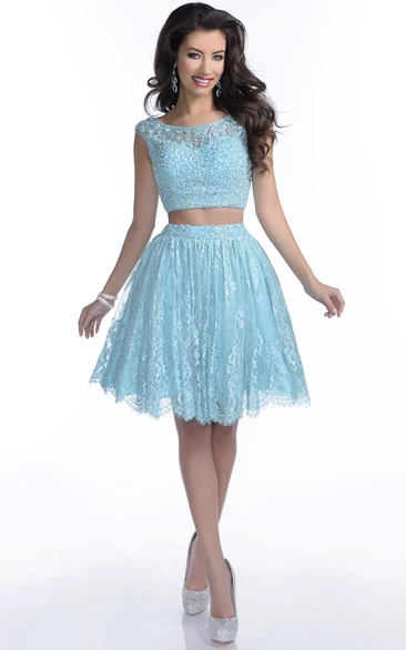 Crop Top Lace Skirt A-Line Prom Dress With Bateau Neck And Beadwork