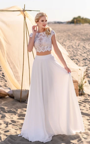 Two Piece Beach Casual Chiffon Wedding Dress with Lace Top