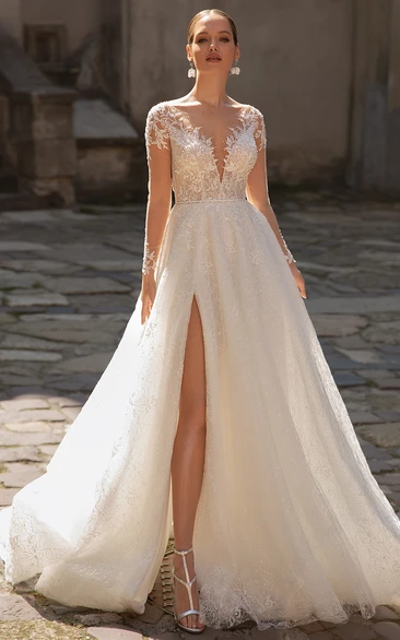 Sexy Plunging Neckline A Line Tulle Wedding Dress with Split Front and Beading