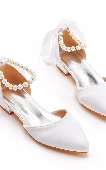 Flat heel pointed toe hollow beaded streamer bridal wedding shoes