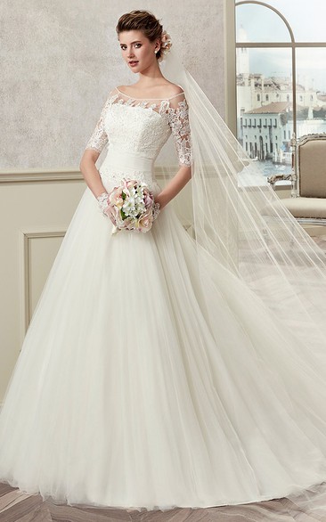 A-line Off-the-shoulder Half Sleeve Floor-length Tulle Wedding Dress with Appliques and Buttons