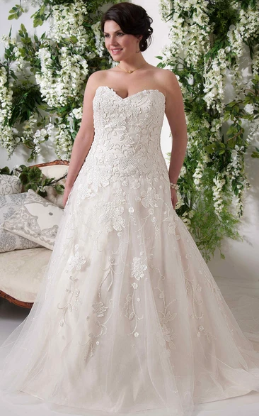Sweetheart A-line Tulle Lace plus size wedding dress With floral Appliques