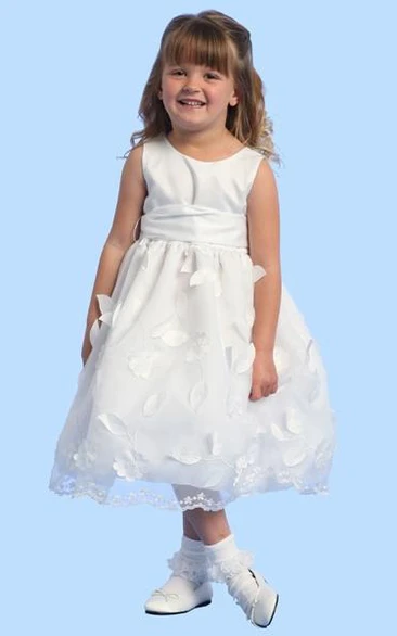 Satin Floral Ankle-Length Flower Girl Dress