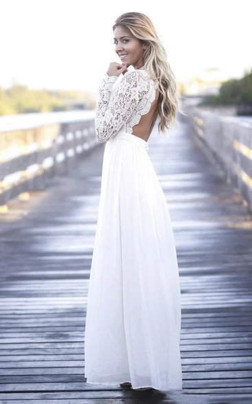Simple A-line Lace Long Sleeve Chiffon Gown With Scalloped Plunging Neckline And Open Back