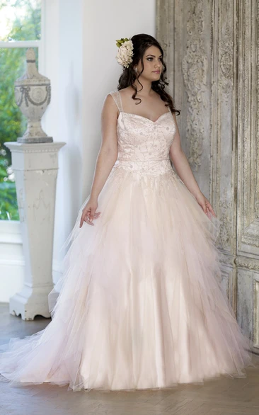Strapped Chapel-Train Rhinestone Ball-Gown Princess Lace-Up-Back Tulle Dress