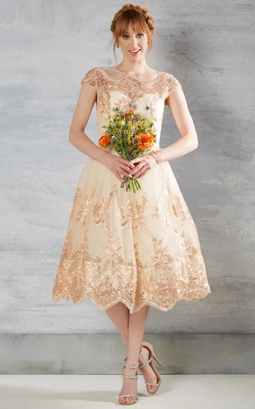 A Line Bateau Short Sleeve Tea-length Lace Wedding Dress with Illusion and Appliques