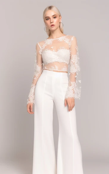 Illusion Tulle Top Bridal Wide Leg Jumpsuit with bra