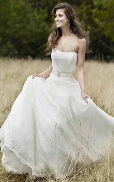 flowy Strapless A-line Lace Wedding Dress