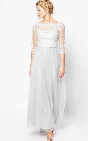Bateau Illusion Half Sleeve Ankle-length Tulle Dress With Appliques