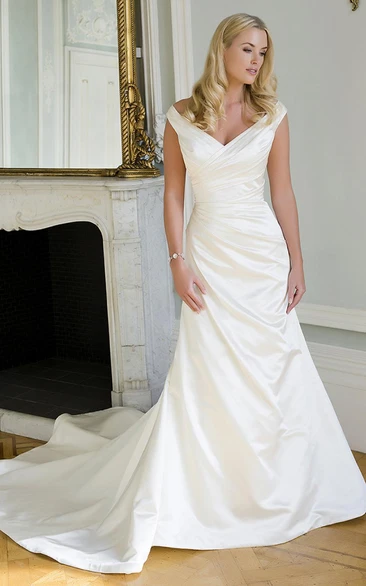 Sheath V-neck Sleeveless Floor-length Satin Wedding Dress with Low-V Back and Side Draping
