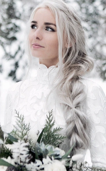 Winter High-neck Modest Bell Sleeve Mermaid Lace Wedding Dress