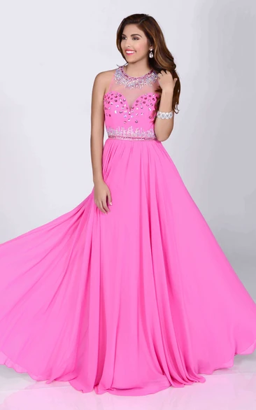 A-line Scoop Sleeveless Floor-length Chiffon Evening Dress with Beading and Ruching