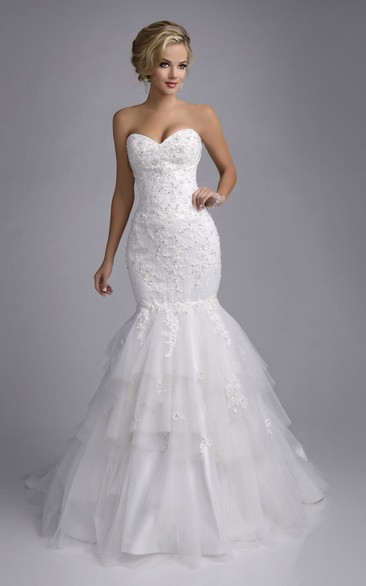 Mermaid/Trumpet Sweetheart Sleeveless Floor-length Tulle Wedding Dress with Corset Back and Tiers