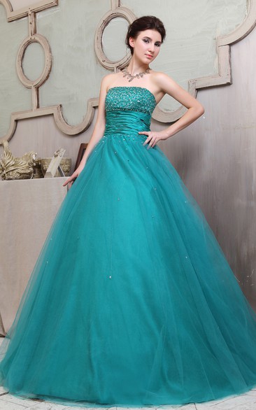A-Line Crystal Ruffles Strapless Floral Ball Gown