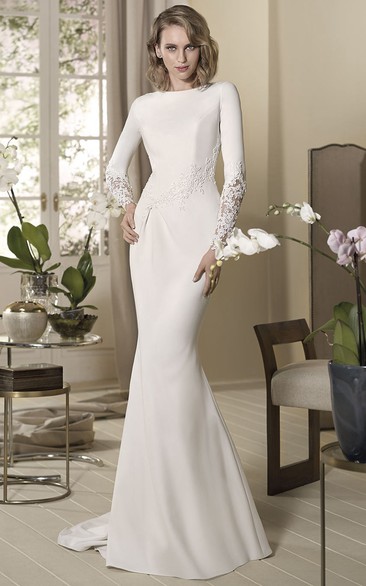 Sheath High Neck Long Sleeve Floor-length Jersey Wedding Dress with Illusion and Appliques