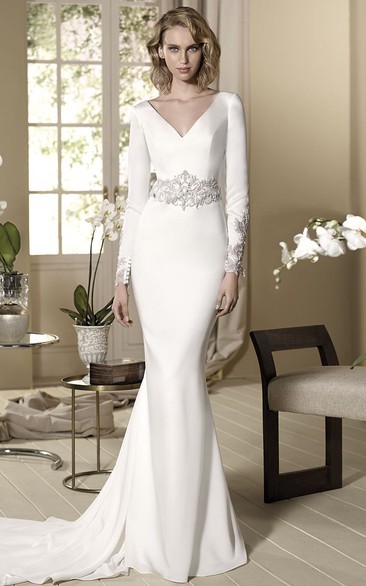 sheer V-neck Long Sleeve Jersey Dress With Beading And Court Train
