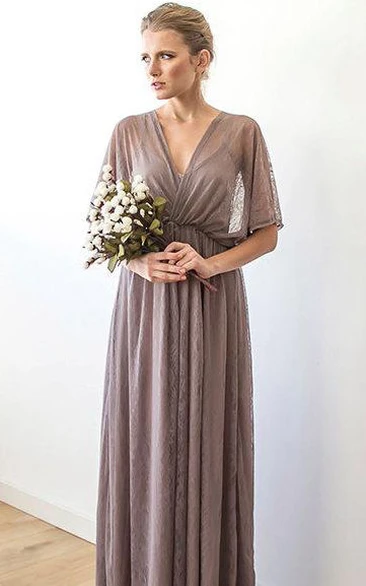 V-neck Pleated Lace Floor-length Dress