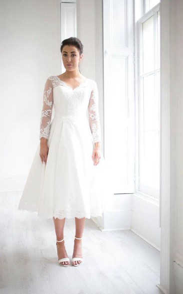 V-neck Illusion Long Sleeve Tea-length Wedding Dress With Appliques And Keyhole