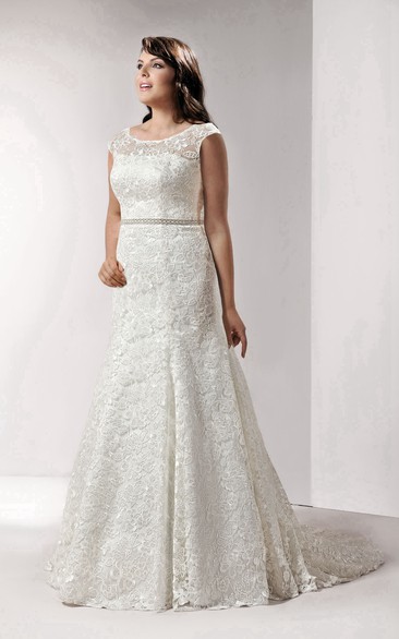 refined Lace Cap-sleeve A-line plus size wedding dress With Appliques And Court Train