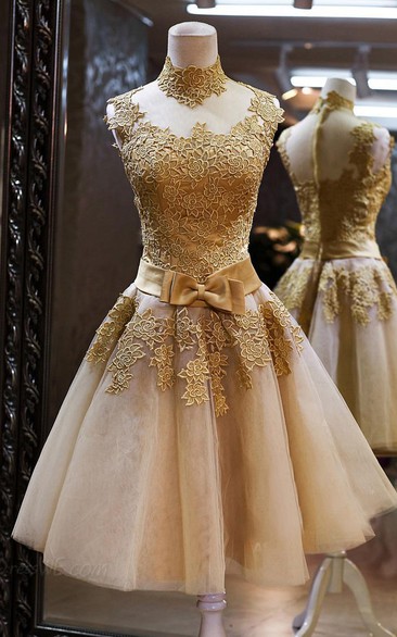 Golden Short High-Neckline Gorgeous Formal Tulle Dress