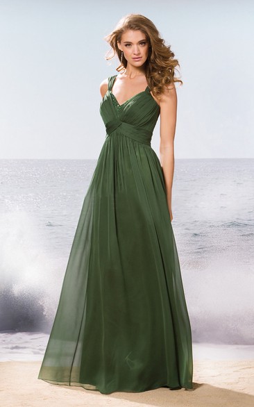 A Line V-neck Sleeveless Floor-length Chiffon Bridesmaid Dress with Low-V Back and Ruching