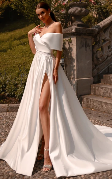 Satin Slit Front Sexy Off-the-shoulder Empire Ball Gown Wedding Dress with Beadings