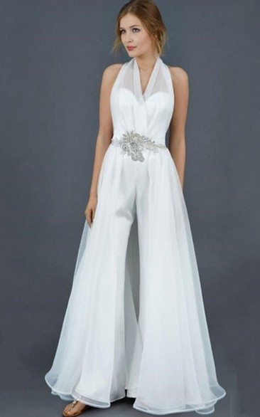 Ethereal Halter Neck Empire Floor Length Wedding Pantsuit with Waist Jewelry and Ruching