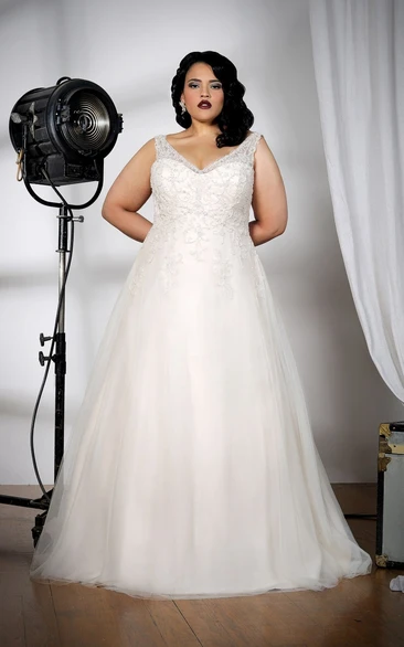 Plunged Beaded Sleeveless Tulle A-line plus size wedding dress With Corset Back