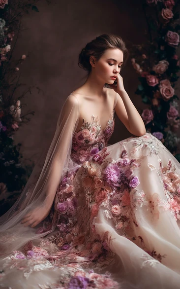 V-neck Floral Applique Empire Sheath Ethereal Wedding Dress