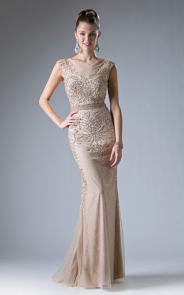 Sheath Scoop Sleeveless Sweep Train Lace Prom Dress with Beading and Appliques
