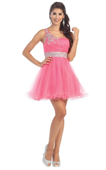 A-Line Mini One-Shoulder Tulle Straps Dress With Ruffles And Waist Jewellery