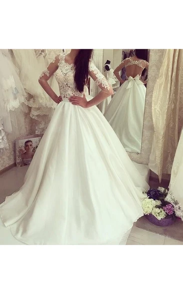 Jewel Satin Lace Illusion 3/4 Length Sleeve Wedding Dress