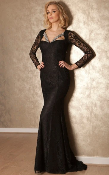 Long-Sleeve Lace Floor-Length Sheath Formal Jeweled Dress