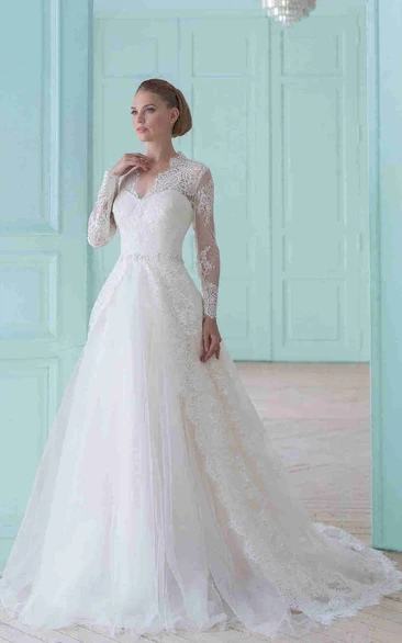 A-line V-neck Long Sleeves Floor-length Lace Wedding Dress with Illusion and Waist Jewellery