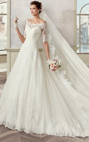 Ball Gown Off-the-shoulder Half Sleeve Floor-length Tulle Wedding Dress with Appliques and Buttons