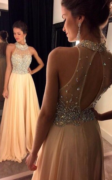 Crystals A-Line Zipper High-Neckline Glamorous Dress