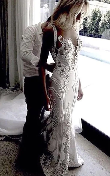 Sophisticated Sheath Lace Applique Sleeveless Sweep Train Wedding Dress